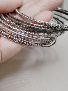 Set of 10 Silver Tone Textured Bangles – Size 8.5 Stackable Bracelet Set